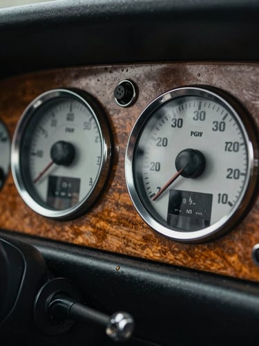 Macro detail shot of a classic car dashboard, focus on intricate gauges and polished wood grain, soft studio lighting, desaturated tones.