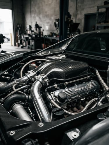 High-contrast, detailed close-up of a pristine exotic supercar engine bay, sharp focus on chrome and carbon fiber components under dramatic garage lighting, desaturated metallic tones.