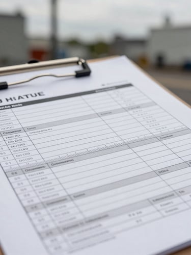 Macro detail shot of a heavy steel clipboard on an industrial site, a technical appraisal form filled out with precise measurements, overcast daylight, gritty desaturated metallic tones, sharp focus, 35mm lens.