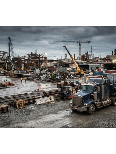 Wide panoramic industrial yard at dawn, a semi-trailer truck parked to the right, heavy machinery in the background, high-contrast overcast light, desaturated metallic tones, sharp focus.