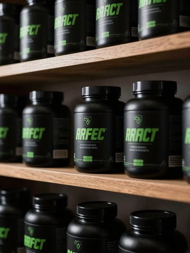 Close-up of premium black supplement tubs on physical wooden shelves, dramatic high-contrast side lighting, athletic look, 35mm lens