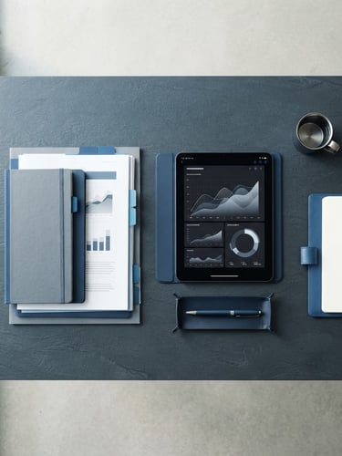 Overhead desk layout with structured documents, a sleek digital device, and a clean pen under bright daylight, slate and blue tones, sharp focus