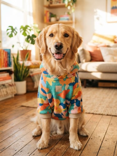 Retrato a nivel de ojos de un tierno perro vistiendo una sudadera colorida de diseño, sentado en una sala luminosa y alegre, luz natural cálida, estilo editorial.