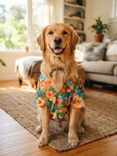 Eye-level bright shot of a happy golden retriever wearing a colorful tropical shirt, sitting in a sunlit living room, warm daylight, shallow depth of field.