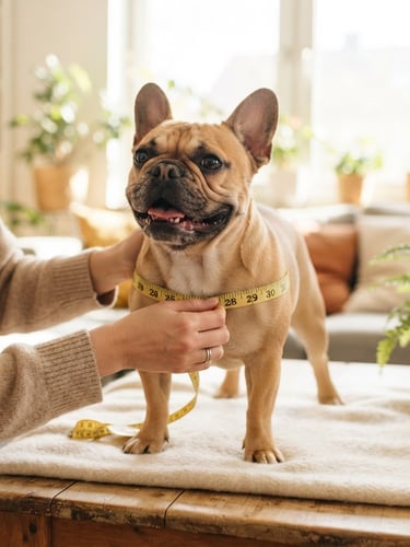 Eye-level warm shot of a cheerful French bulldog being gently measured with a soft yellow measuring tape in a bright, sunlit room, shallow depth of field