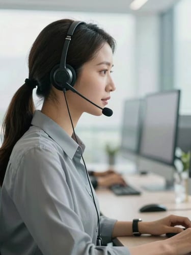Cinematic side profile of a highly focused customer care agent in a clean, daylight-flooded modern workspace, wearing a sleek professional headset, soft natural shadows, sophisticated atmosphere.