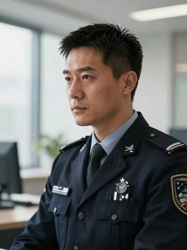 Cinematic close-up of a focused professional agent in a modern daylight-filled workspace, clean background, natural lighting with soft shadows.