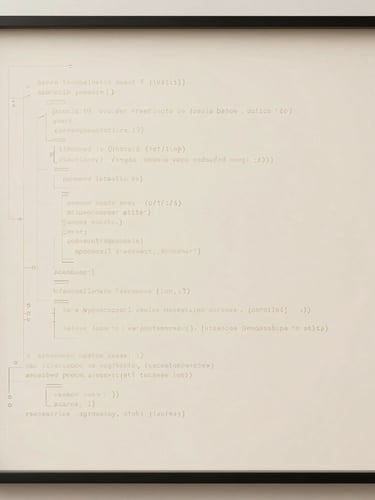 Minimalist portrait-oriented render of an interactive digital interface, showing delicate code-generated lines on a warm cream canvas, elegant framing.