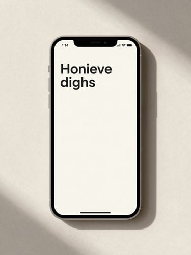 Front-on flat-lay screen capture of a minimalist mobile application prototype on a warm off-white device mockup, soft daylight shadows, clean typography and high-fidelity interface details.