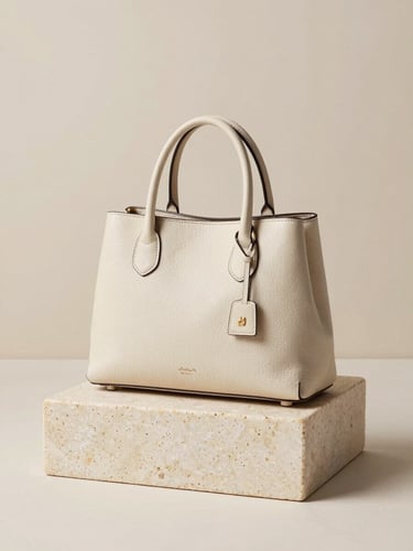 A structured cream leather handbag resting on a minimalist travertine stone block, bright high-key natural light, soft beige background, editorial 35mm photography