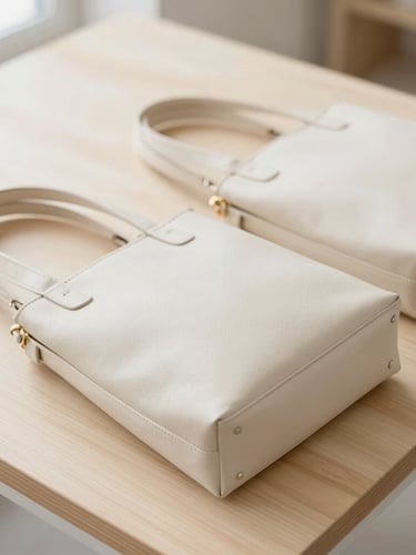 Bright high-key editorial photograph of structured cream leather handbag panels laid out on a clean light wood workbench, soft natural light, shallow depth of field
