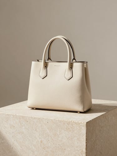 A structured cream leather handbag sitting on a minimalist beige stone plinth, soft natural daylight casting gentle shadows, 35mm editorial style.