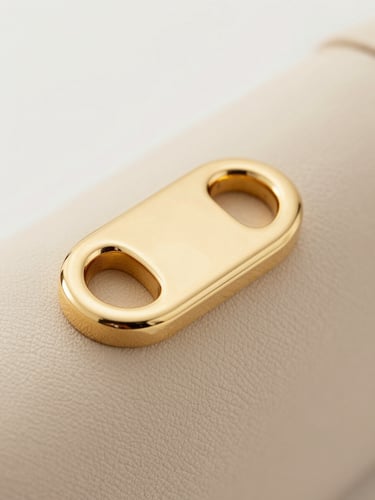 Macro detail of custom gold-plated metal hardware on structured beige leather, soft diffused studio light.
