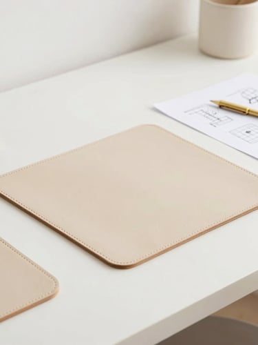A clean flat-lay of premium beige leather hides, brass hardware components, and technical pattern sketches on a bright minimalist designer workbench, soft diffused daylight.