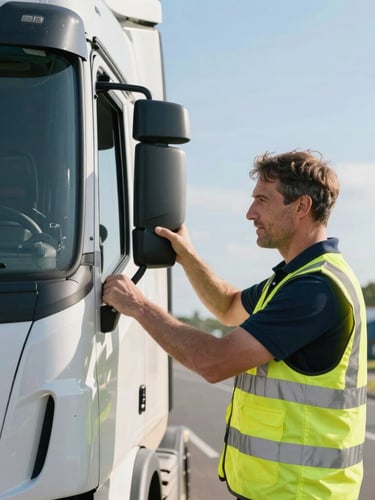 A professional UK transport driver in high-visibility vest checking side mirrors of a modern truck, bright natural morning daylight, crisp focus, 35mm editorial photography.