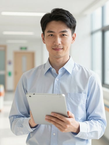 Close-up environmental portrait of a professional facilities manager holding a digital tablet in a bright, modern hospital corridor, clean high-contrast tones, 35mm