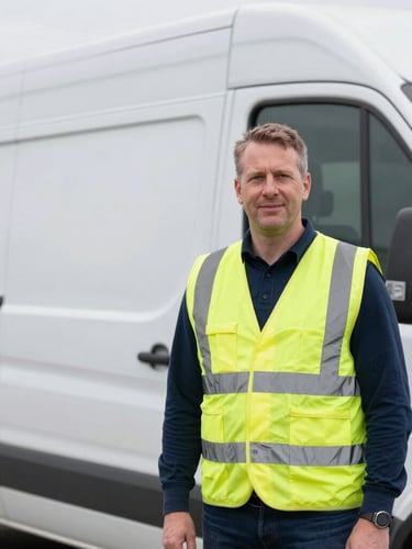 Crisp editorial portrait of a UK logistics manager in a high-visibility vest standing next to a modern fleet vehicle, bright overcast daylight, 35mm