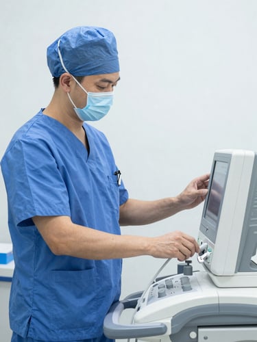 A professional healthcare worker in clean blue scrubs adjusting a medical device, bright natural daylight, clean high-contrast tones, sharp focus, 35mm