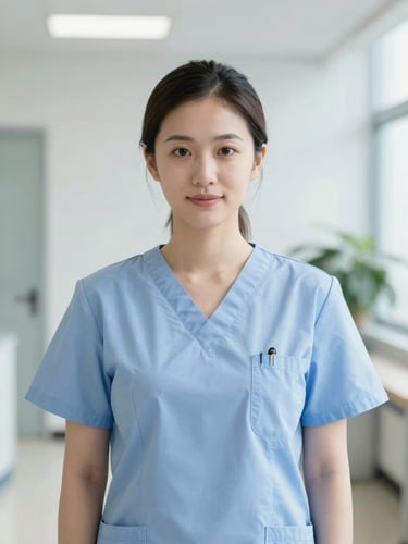 Crisp editorial portrait of a healthcare worker in clean scrubs, bright indoor lighting, professional environmental portrait, 35mm