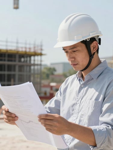 Crisp editorial photography of a construction manager wearing a hard hat on-site, looking at plans, bright natural daylight, clean high-contrast tones, sharp focus, 35mm