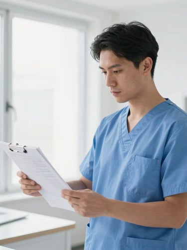 A healthcare professional in clean blue scrubs reviewing digital records in a brightly lit modern clinical environment, crisp editorial style, natural light.