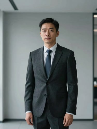 Sober environmental portrait of a lawyer in a dark charcoal suit, standing in a modern, minimalist office with clean architectural lines, soft diffused light, professional and technical mood.