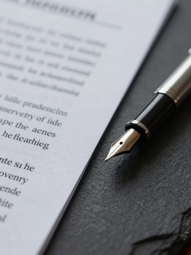 Macro close-up of textured legal documents and a fountain pen resting on a dark slate surface, soft side lighting, professional and precise atmosphere.