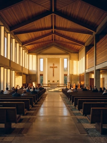 Wide environmental shot of a sunlit modern church sanctuary, warm golden hour light streaming through high side windows, clean architectural lines, symmetrical composition, 35mm