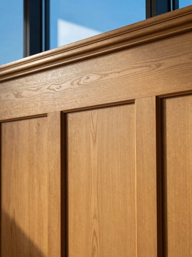 Close-up of premium acoustic timber paneling on a sanctuary wall, warm natural light highlighting the grain and precise craftsmanship, clean architectural detail