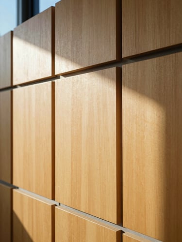 Close-up of custom wooden acoustic panels on a sanctuary wall, natural side lighting highlighting the grain, clean minimal design, warm gold tones
