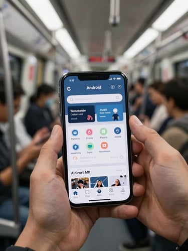 An Android phone held by diverse hands in a bright subway car, showing a high-contrast utility app interface in natural light