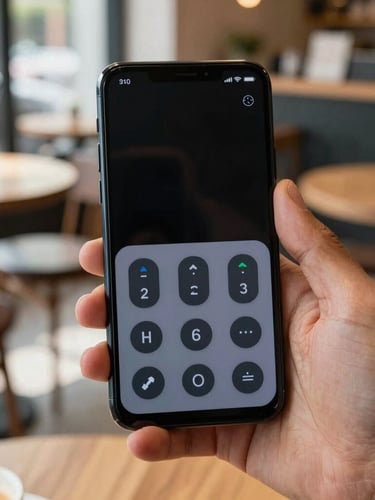 Macro shot of a diverse hand holding an Android phone in a sunlit coffee shop, showing a high-contrast user interface with large tactile buttons and clear focus indicators.
