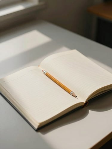 Wide shot of a tidy educator's desk from above-left, open textbook and ruled notebook side by side, a pencil resting across the page, soft north-facing daylight from a nearby window casting gentle shadows, warm neutral tones, no people