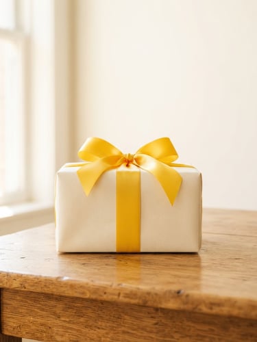 Bright retail product photography of a beautifully wrapped gift box with a yellow ribbon on a warm wooden table, soft window light, clean cream background