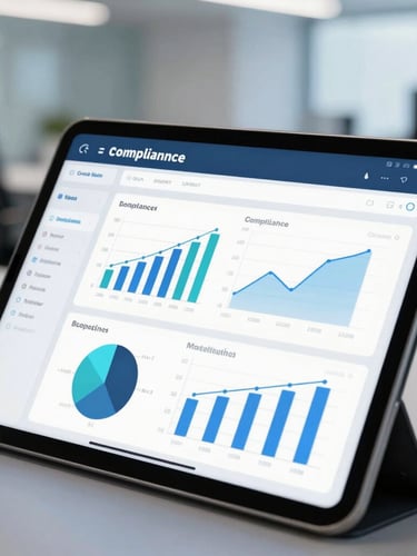 Close up of a tablet displaying a digital compliance dashboard with clear charts, cool daylight with subtle blue ambient tech glow, modern office