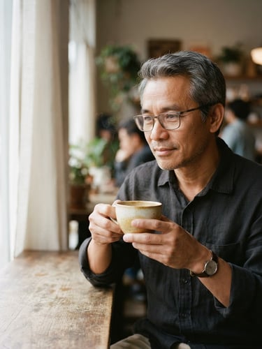 A reflective medium close-up of Nguyen Le holding a warm ceramic coffee cup, soft window daylight, muted cream and espresso tones, shallow depth of field, 35mm film.