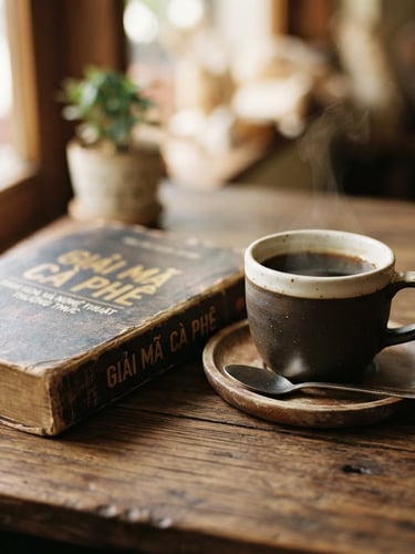 A rustic hardcover book titled 'Giải mã Café' resting next to a steaming ceramic cup of black coffee on a warm wooden table, soft morning window light, shallow depth of field, 35mm film style