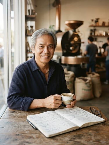 Reflective portrait of Nguyên Lê smiling, holding a ceramic coffee cup, warm window light, open illustrated notebook on a wooden table, soft focus coffee roaster in the background, 35mm film style