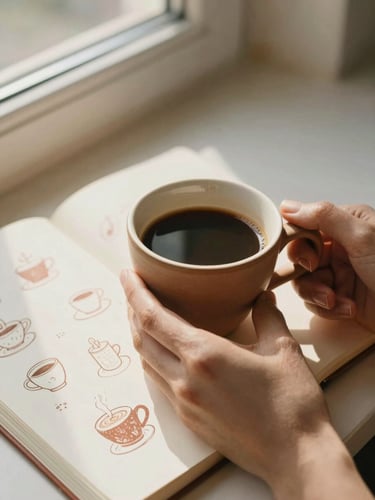 Close-up of hands holding a warm clay cup of coffee, soft morning daylight casting gentle shadows on an open paper notebook with hand-drawn coffee illustrations, warm cream and terracotta tones