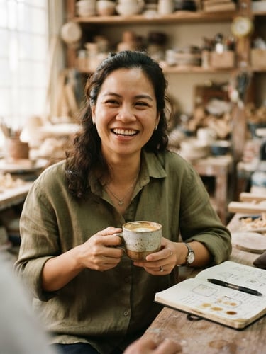 Candid environmental portrait of Nguyen Le smiling, holding a ceramic coffee cup in a warm-lit workshop, an open notebook nearby, soft espresso tones, shallow depth of field, 35mm film.