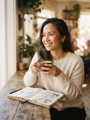 A reflective medium close-up of Nguyen Le smiling gently, holding a warm ceramic coffee cup next to an open illustrated notebook on a rustic wooden table, soft morning window light, warm cream and espresso tones, shallow depth of field
