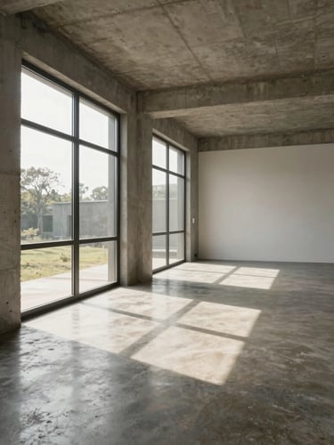 Wide interior sightline shot from the living area toward the far wall of Prototype A, mid-morning daylight streaming through north-facing windows, exposed concrete ceiling at 2.7 m height, polished concrete floor reflecting window light, no furniture, full room depth visible, neutral tones, natural light only