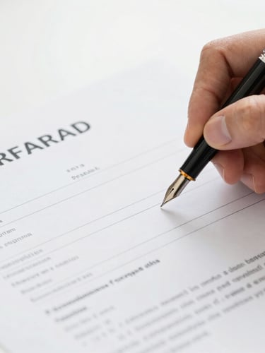 Macro shot of a professional signing official federal transport documents with a fountain pen, clean corporate desk, bright daylight
