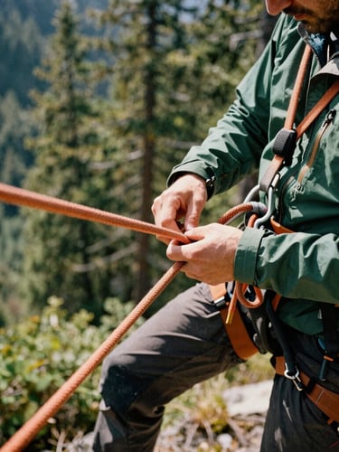 Close-up of a professional mountain guide in a forest green jacket adjusting a climbing harness, safety orange ropes in focus, harsh natural sunlight, rugged outdoor photography.