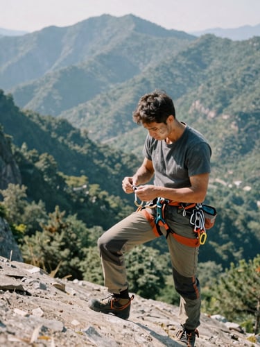 Climber in rugged gear standing on a ledge, adjusting a carabiner, face smudged with dust, looking focused, natural harsh sunlight, mountain range in the background