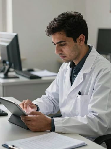 A professional researcher analyzing data on a tablet in a clean Kabul office, natural diffused morning light, high-trust humanitarian context.