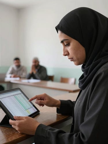 Documentary editorial photography of a local Afghan researcher reviewing digital survey data on a tablet inside a structured community room, natural diffused daylight, professional serious tone.