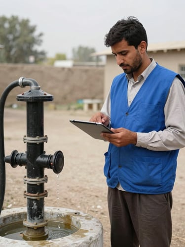 A local Afghan engineer in a blue vest holding a tablet, inspecting a newly installed water pump system in a rural village, natural daylight, documentary editorial photography.