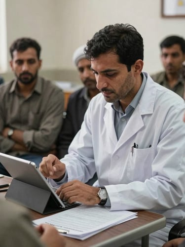 A professional Afghan researcher in Kabul reviewing data on a tablet with local community leaders, natural diffused daylight, professional documentary editorial photography style
