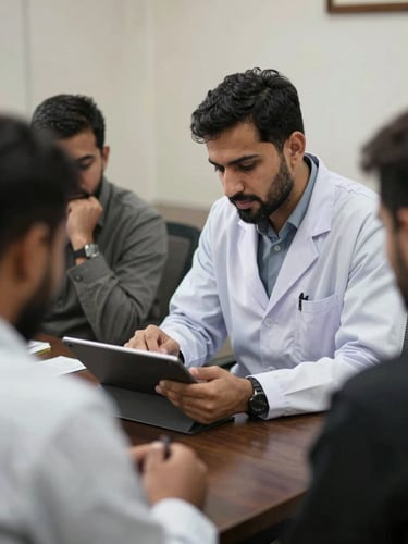 A professional Afghan researcher in Kabul reviewing data on a tablet with colleagues, natural diffused daylight, professional documentary photography style.